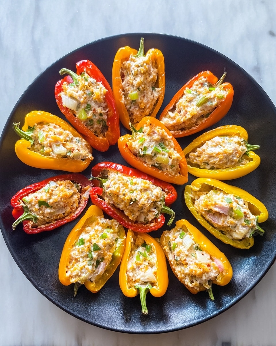 A round black plate holds twelve small stuffed peppers arranged in a loose circle. The peppers are halved and hollowed out, showing filling inside, which is pale cream with small bits of herbs and spices, giving it a slightly crumbly and textured look. The peppers come in red, orange, and yellow colors, with shiny, smooth skins and green stems at the ends. The plate sits on a white marbled surface. photo taken with an iphone --ar 4:5 --v 7