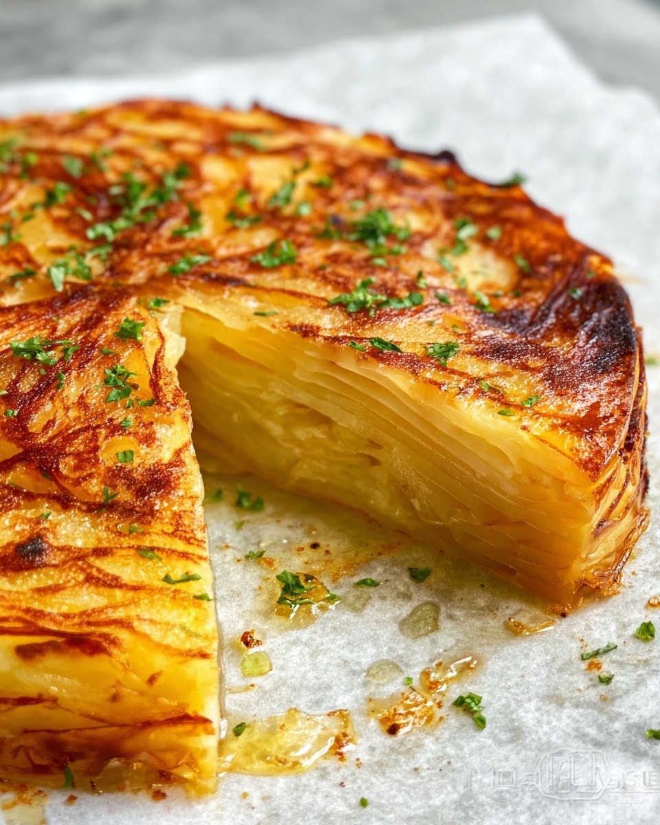 A round layered dish with many thin layers stacked tightly, each layer pale yellow with a slightly translucent look. The top is golden brown and crispy, with darker brown spots and light green parsley garnish scattered on top. A wedge is missing, showing the soft and smooth inner layers. The dish sits on a surface with a white marbled texture, and there is some oil and small herb leaves around it. The texture looks soft inside but crispy on top, with a rich warm color. photo taken with an iphone --ar 4:5 --v 7