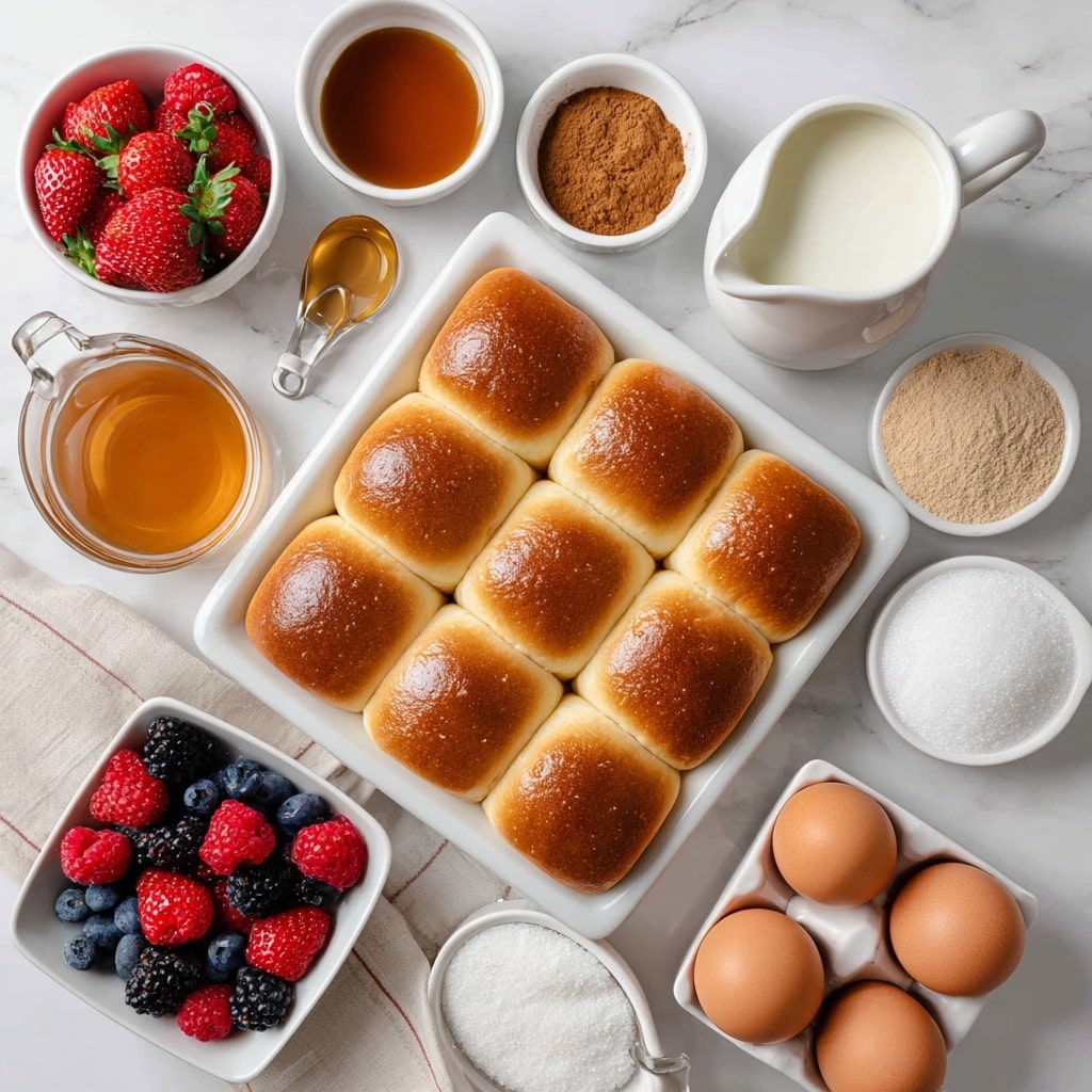 The image shows a white tray with nine golden brown Hawaiian rolls arranged in a 3 by 3 grid in the top left corner. Around the tray, on a white marbled surface, there is a small white bowl filled with light brown cinnamon powder near the top right, a white jug full of milk below the cinnamon, and a white container holding four brown eggs in the bottom right. Near the center, there is a white small bowl filled with light brown brown sugar and a small white bowl filled with vanilla extract beside it. In the bottom left corner, there is a white square bowl filled with fresh red strawberries, blueberries, and raspberries. Next to it, there is amber-colored maple syrup in a white round bowl, and a small white bowl holding white sugar near the bottom right. Photo taken with an iphone --ar 4:5 --v 7
