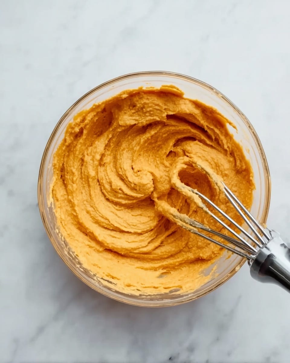 A clear glass bowl filled with thick, creamy orange-colored batter is placed on a white marbled surface. Inside the bowl, two silver beaters of an electric mixer are partially submerged into the dense, smooth mixture, showing soft peaks and swirls. The bowl is centered in the image and the texture of the batter looks rich and well-blended. The photo taken with an iphone --ar 4:5 --v 7