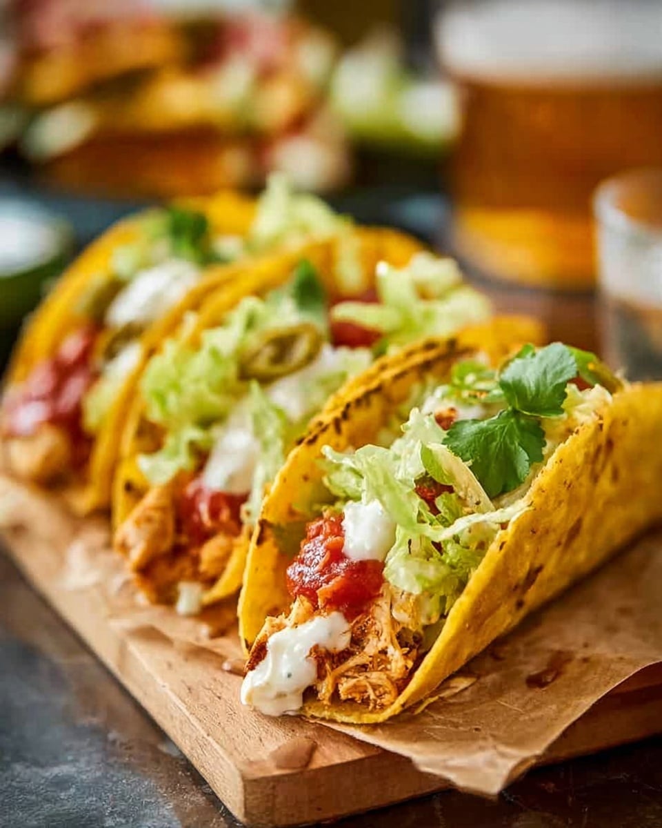 The image shows three tacos on a small white marbled surface, with two tacos in focus in the front and one slightly blurred at the back. Each taco has three visible layers inside the crunchy yellow corn tortilla shell: a bottom layer of cooked chopped chicken with melted cheese, a middle layer of green shredded lettuce mixed with jalapeño slices and dots of chunky red salsa, and a top layer of white sour cream dolloped on the lettuce. The tacos rest on a small wooden board lined with crumpled brown parchment paper, and the texture of the chicken and freshness of the toppings are clearly visible. A woman's hand is gently holding the front taco. The background is softly blurred with warm drinks and more food slightly visible. Photo taken with an iphone --ar 4:5 --v 7