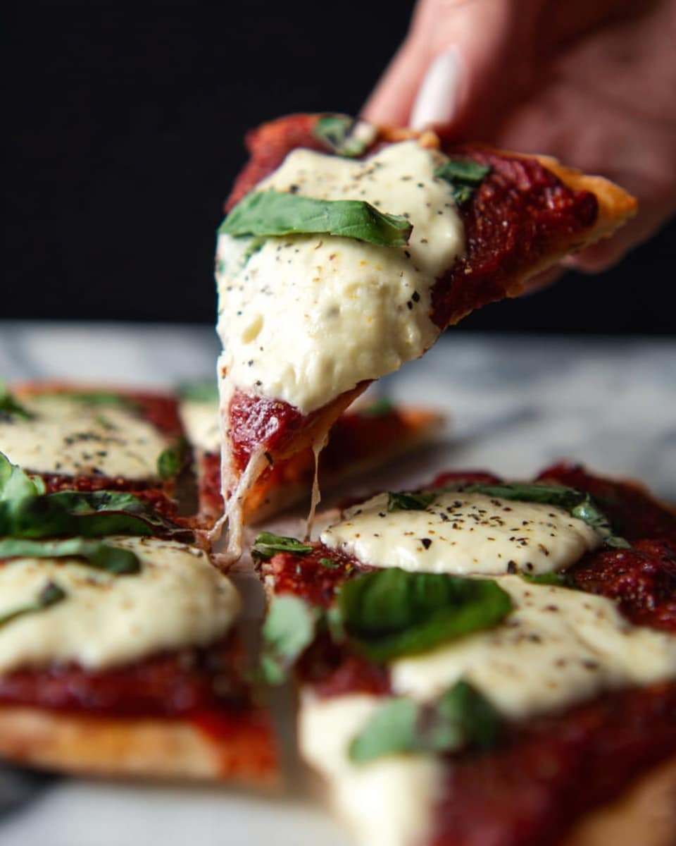 A slice of pizza is being lifted by a woman's hand, showing a thin crust base topped with a bright red tomato sauce layer, over which dollops of melted white cheese with black pepper are spread unevenly. Fresh green basil leaves are scattered on top, adding a pop of color. The cheese is soft and stretchy, pulling slightly from the slice below. The background is dark, contrasting with the detailed textures of the pizza, which rests on a white marbled surface. photo taken with an iphone --ar 4:5 --v 7