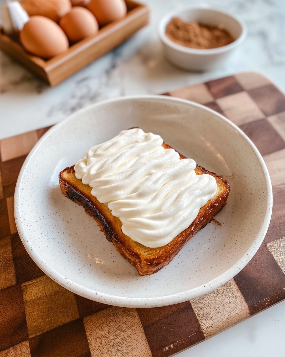 A single piece of golden-brown toast with light charring on the edges sits in the center of a white speckled bowl. On top of the toast, there is a thick layer of smooth, white cream piped in a wide zigzag pattern, covering most of the surface. The bowl is placed on a wooden cutting board with a checkered pattern, and in the background, there is a white marbled surface with a small white bowl filled with brown powder and a wooden tray holding some eggs. Photo taken with an iphone --ar 4:5 --v 7