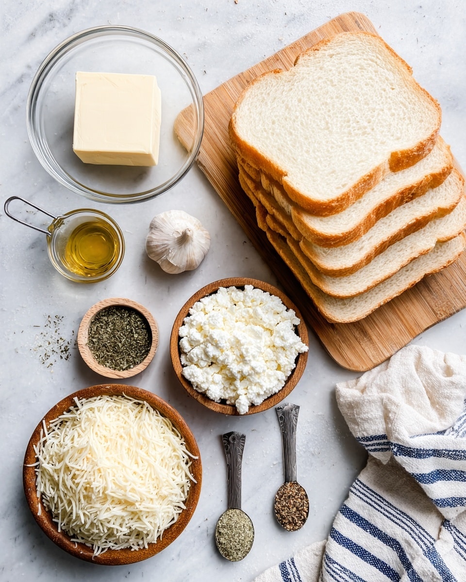The image shows various ingredients arranged neatly on a white marbled surface. At the top right, there is a wooden cutting board with several slices of white bread stacked, with one slice pulled slightly forward. Next to the bread, a small clear bowl contains a square piece of butter. Moving left, there is a metal measuring spoon with dried basil and a clear spoon with oil below it, alongside a single garlic clove. Below the bread, there are two small wooden bowls, one filled with white cottage cheese and the other with grated parmesan cheese. At the bottom left, a small wooden board holds a generous pile of shredded mozzarella cheese. On the right side of the image, three small clear measuring spoons hold pepper, salt, and dried oregano. A striped cloth with blue, white, and beige stripes is partially visible in the bottom right corner. The lighting is bright and clear, showing all the ingredients in crisp detail. photo taken with an iphone --ar 4:5 --v 7