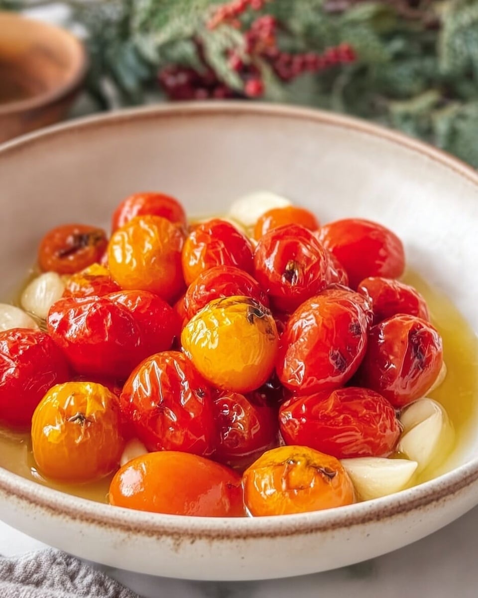 The image shows a shallow white bowl filled with cooked cherry tomatoes in red, orange, and yellow colors. The tomatoes are soft with wrinkles and shiny from the light oil or juice around them. A few small white pieces, likely garlic, are mixed in with the tomatoes. The tomatoes sit in a thin liquid that looks slightly oily, pooling at the bottom of the bowl. The bowl is placed on a white marbled surface, and the background shows some blurred greenery and decorations that create a cozy feel. photo taken with an iphone --ar 4:5 --v 7