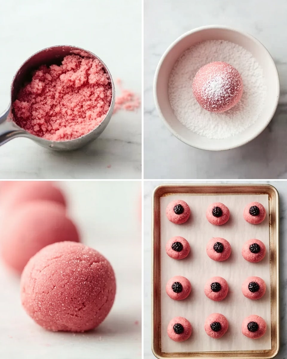 The image shows four stages of making pink cookie dough balls on a white marbled surface. The first part has a close-up of a metal scoop holding pink dough with a rough texture. The second part shows a white bowl with one round pink dough ball inside, dusted lightly with white sugar. The third part displays four smooth pink dough balls arranged in a vertical line on a white marbled surface. The last part has eight pink dough balls placed on a white baking tray lined with light brown paper, each dough ball topped with a single dark round berry in the center. Photo taken with an iphone --ar 4:5 --v 7