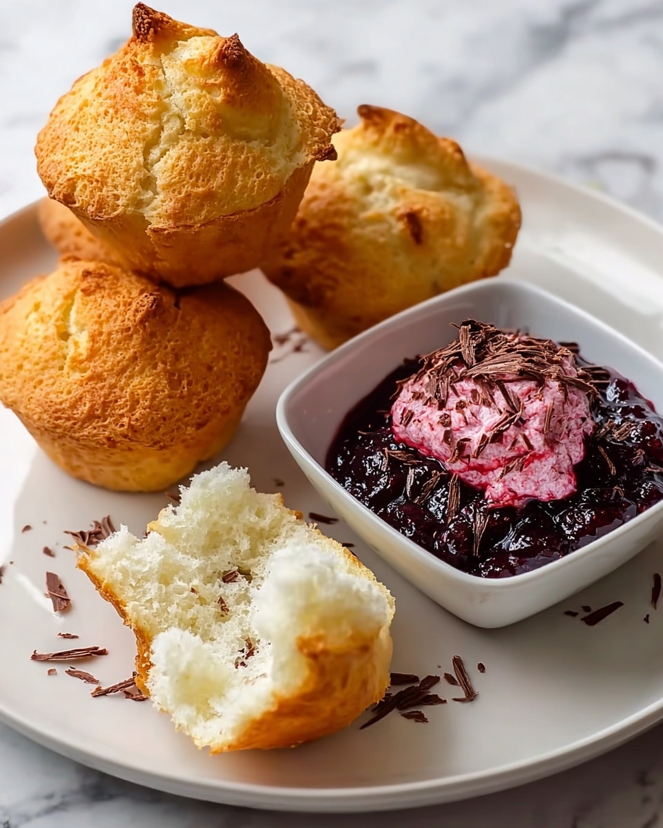 The image shows a white plate with three golden brown fluffy muffins standing tall, with one muffin torn open to reveal a soft, white, airy inside. Next to the muffins is a small white square dish filled with a thick dark berry jam topped with a dollop of a bright pink spread and sprinkled with thin dark chocolate shavings. The plate sits on a white marbled surface, enhancing the colors of the food photo taken with an iphone --ar 4:5 --v 7