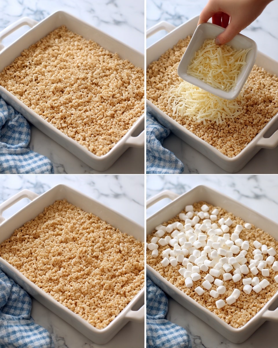 The dish shows a white rectangular baking dish filled with a tightly packed layer of pale tan rice cereal treats mixed with small white marshmallows. In the first layer, the mixture is unevenly packed, then smoothed out to form an even, flat layer covering the entire dish. In the third image, a woman's hand is holding a small white square dish filled with light yellow shredded cheese or similar topping, hovering over the cereal treat layer. In the final image, the topping is sprinkled evenly over the smooth cereal base, giving a slightly textured look with small patches of yellow over the tan cereal. The dish sits on a white marbled surface with a folded blue checkered cloth partially visible. photo taken with an iphone --ar 4:5 --v 7