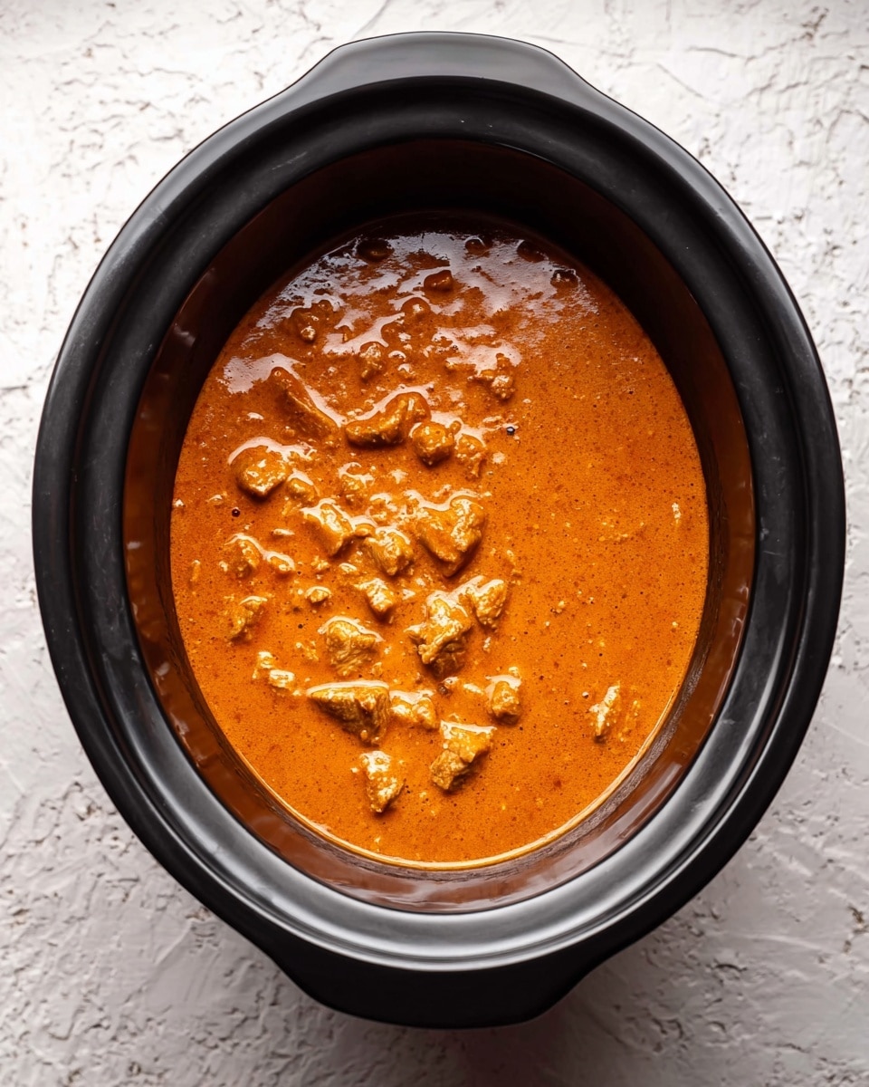 In a black slow cooker, there is a thick orange-brown sauce filled with small pieces of tender cooked meat. The sauce has a smooth but slightly chunky texture with some visible bubbles, showing it is hot and rich. The slow cooker sits on a white marbled textured surface that adds a clean background to the warm dish inside. photo taken with an iphone --ar 4:5 --v 7
