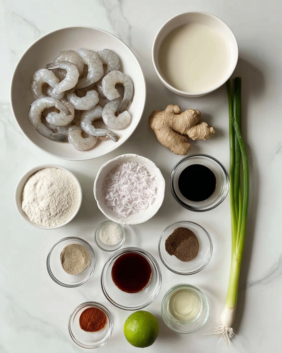 The image shows several white bowls and glass containers arranged on a white marbled surface. In the top left white bowl, there are raw gray shrimp peeled and deveined. To the right, another white bowl holds a light beige liquid, likely coconut milk. Below the shrimp, a white bowl contains a light purple or pinkish liquid. Next to it, a small glass bowl holds shredded white coconut. Another glass bowl next to the coconut shows white flour. There is a group of smaller glass bowls with various spices and seasonings: one with white granulated sugar, one with black pepper, one with reddish paprika, one with soy sauce, and one with a powdered white seasoning. Fresh ingredients include two green scallions laying diagonally, a round green lime, a small piece of fresh ginger, a bulb of garlic, and a small bowl of clear liquid, possibly oil. The setup is neat with all items spaced evenly. Photo taken with an iphone --ar 4:5 --v 7