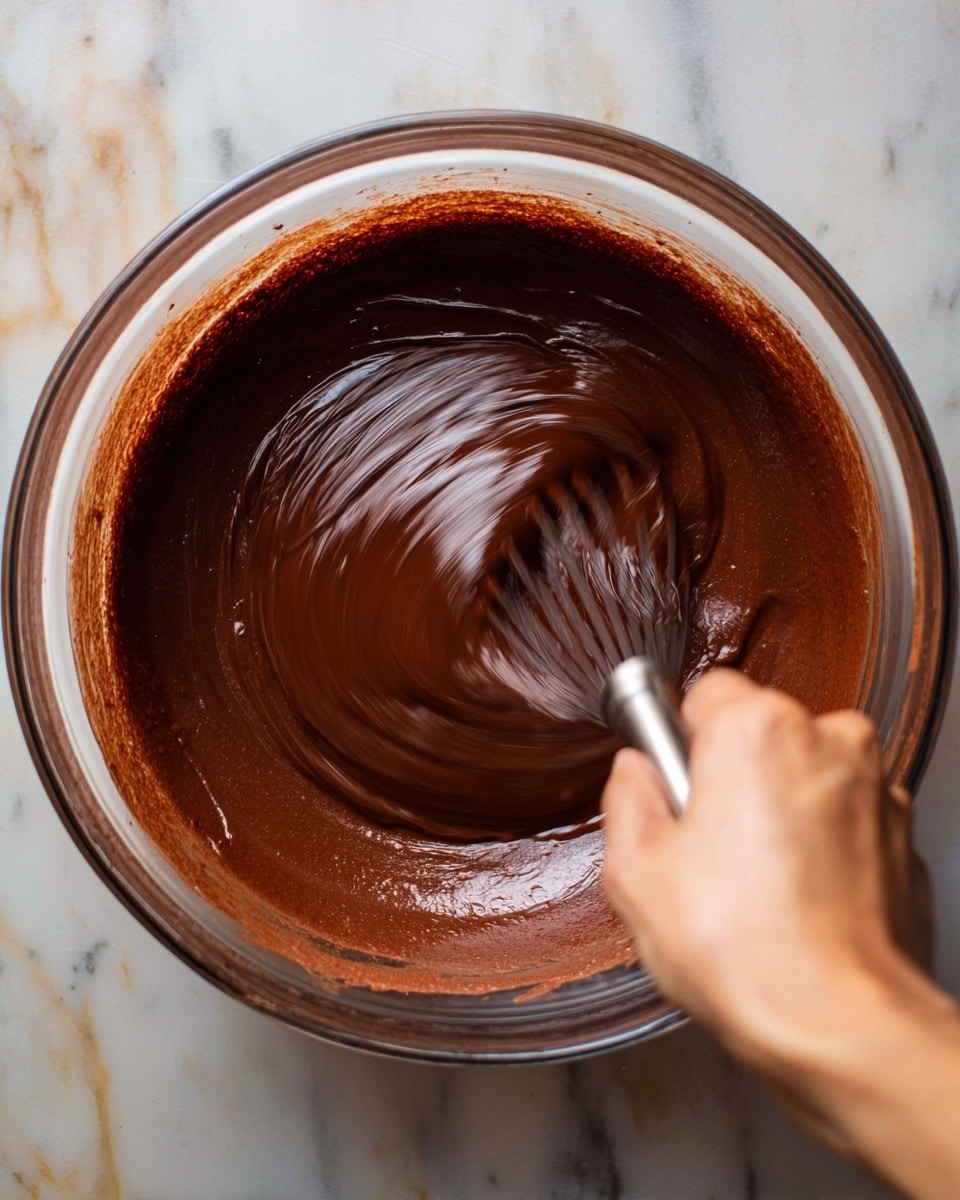A close-up view of a large clear glass bowl filled with smooth, rich dark brown chocolate batter being mixed briskly by a woman's hand holding a whisk. The whisk motion creates swirling patterns and shiny highlights on the glossy batter surface. The bowl rests on a white marbled texture surface that contrasts with the deep chocolate color, and the image captures the motion blur of the whisking action. Photo taken with an iphone --ar 4:5 --v 7
