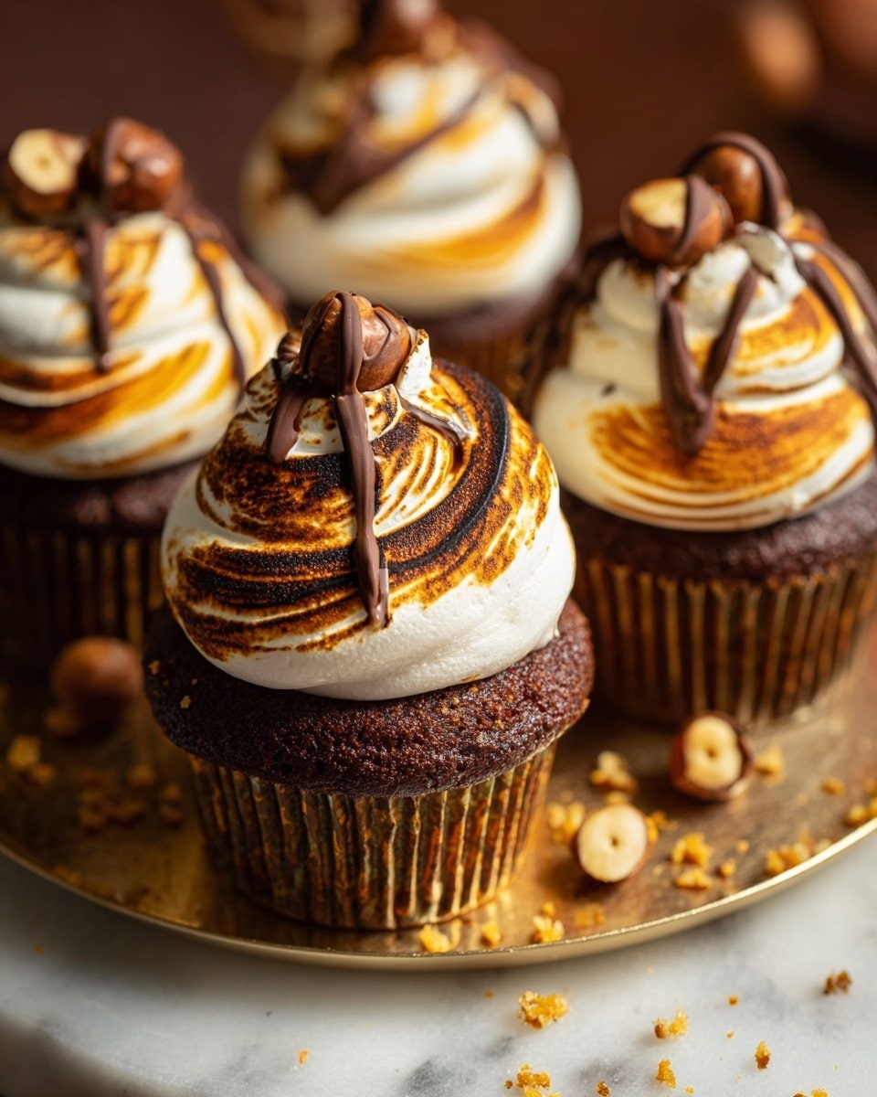 The dessert is a close-up of a rich chocolate cupcake with three distinct layers. The bottom layer is a golden, crumbly crust that looks crunchy, forming a solid base. The middle layer is a moist, dark brown chocolate cake with a soft and crumbly texture. The top layer is creamy and smooth melted chocolate filling oozing from the center. On top of this is a fluffy white marshmallow topping, slightly toasted, with golden brown patches and a soft, airy texture. The cupcake is placed on a white marbled surface with some scattered crumbs around it. Photo taken with an iphone --ar 4:5 --v 7