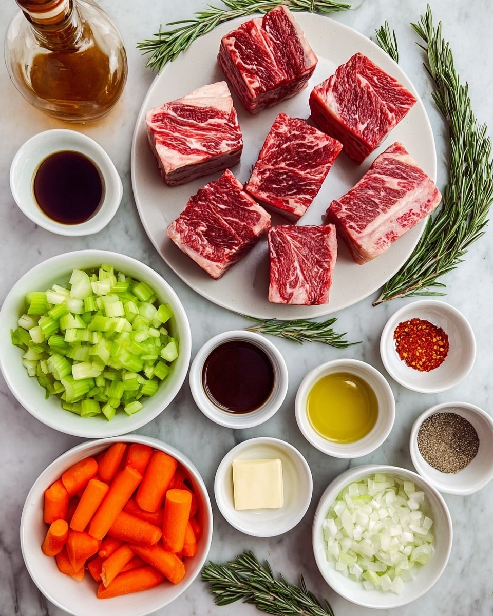 The image shows a white plate with six thick pieces of raw beef short ribs, each with visible red meat and white marbling. Around the plate, there are bowls and small dishes with various ingredients: a white bowl with bright orange carrot slices, a white bowl filled with light green celery pieces, and a white bowl with chopped white onions. Small bowls contain cubed butter, dark red tomato paste, black ground pepper, salt, olive oil, and creamy white horseradish sauce. There are also small dishes with dark brown powder, crushed red pepper flakes, and dark liquids in white cups. Three fresh green rosemary sprigs are placed near the center, and an amber bottle is on the top left. Everything is set on a white marbled surface. Photo taken with an iphone --ar 4:5 --v 7