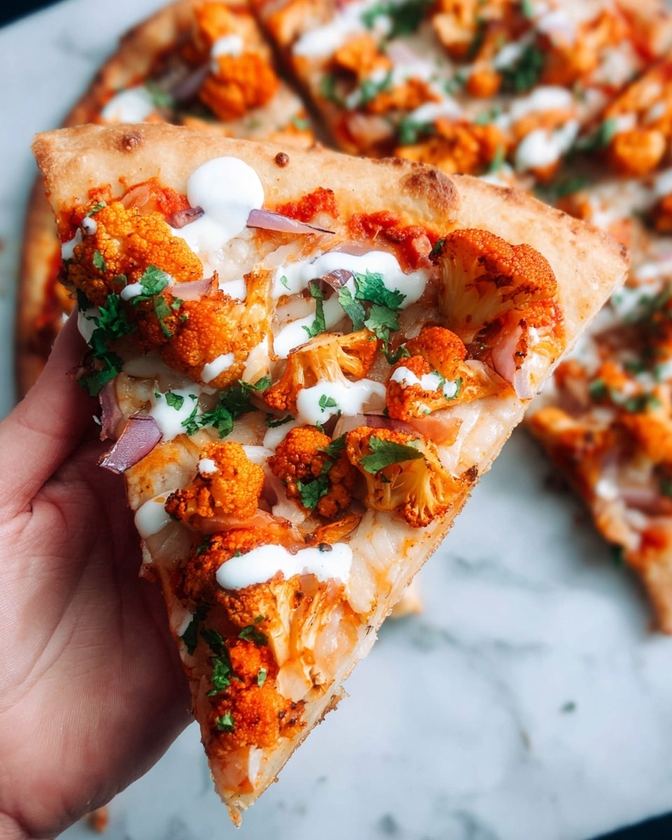 A slice of pizza held by a woman's hand shows a thick, light brown crust at the bottom. The first top layer is a smooth, light red sauce spread evenly. Above the sauce, there are bright orange roasted cauliflower pieces that add texture and roughness. Small bits of green parsley are scattered on top, giving a fresh look. Thin, pale purple onion slices peek through the cauliflower. White creamy drizzle is lightly spread over the pizza slice in uneven lines. In the background, more pizza slices are laid on a white marbled surface, all showing the same toppings. Photo taken with an iphone --ar 4:5 --v 7