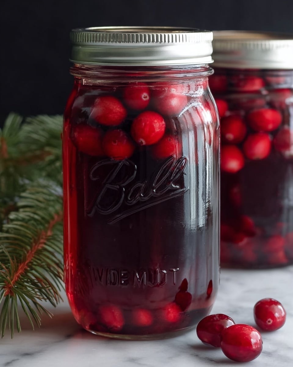 A close-up view of a clear glass jar filled with three layers, held by a woman's hand on the left side. The bottom layer is white sugar with some small dark spots from the fruit, followed by a middle layer of bright red cranberries piled up loosely, and another thin layer of white sugar sprinkled unevenly on top of the berries. The jar has the word