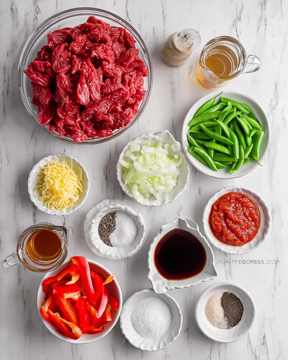 The image shows a white plate filled with a bed of fluffy white rice as the bottom layer, topped with a thick layer of cooked beef strips mixed with red, green, and orange bell pepper slices. The beef looks tender and coated in a glossy brown sauce with visible seasoning, and the peppers add bright, fresh colors. A silver fork held by a woman's hand lifts a bite-sized portion of the beef and peppers above the plate. In the background, there is another white plate with the same dish and a bowl full of white rice on a white marbled surface, with whole red and green bell peppers placed nearby. Photo taken with an iphone --ar 4:5 --v 7