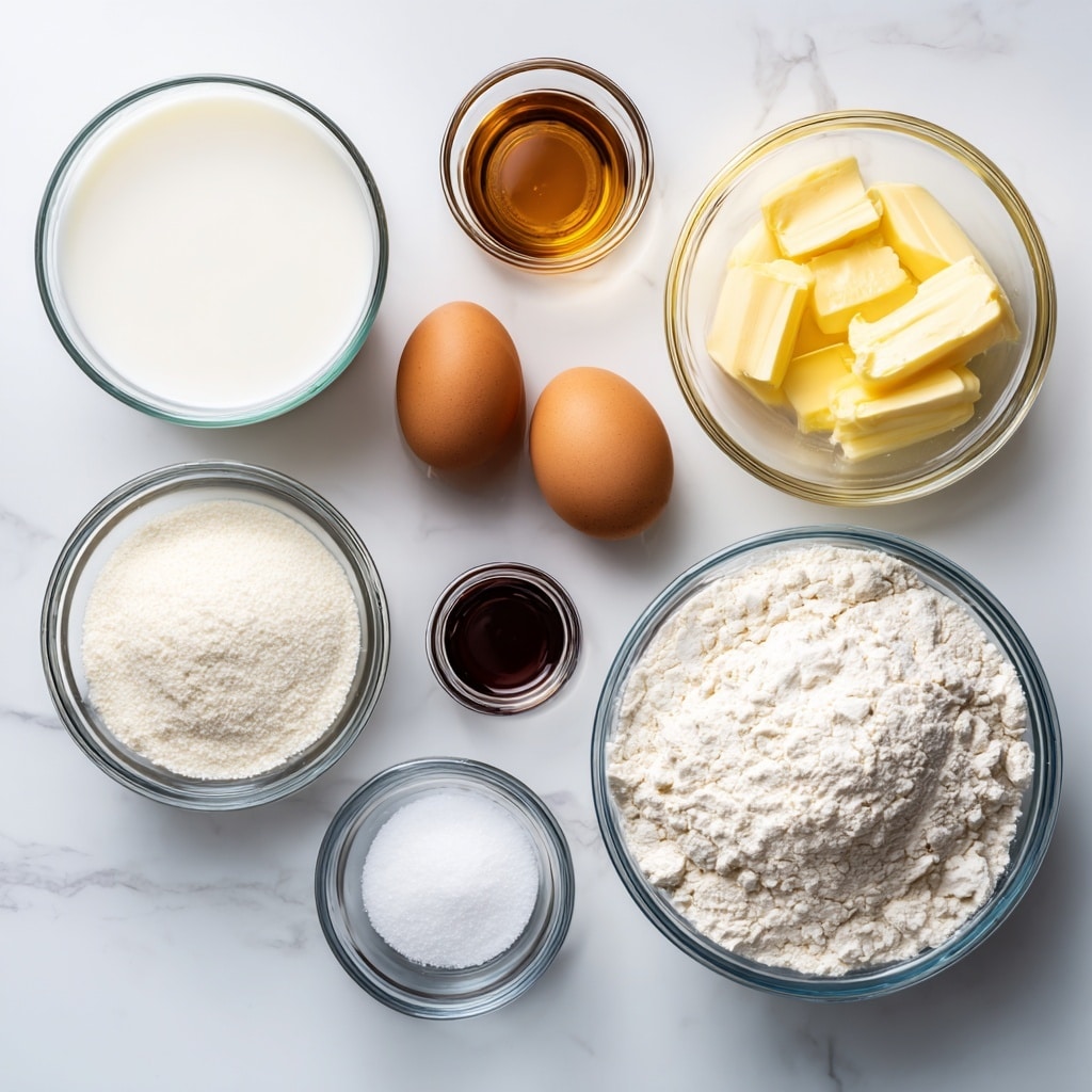 The image shows seven clear glass bowls with different ingredients arranged neatly on a white marbled surface. Starting from the top left, a large bowl holds white milk, next to it on the right is another large bowl filled with light yellow butter or oil. Below milk, there is a medium-sized bowl with two brown eggs, and to the right of it, a small bowl with dark brown vanilla extract. On the right side near the center, a small bowl contains white baking powder, and below it, another small bowl has white salt. Finally, at the bottom right corner, a large bowl is filled with white flour that has a slightly textured surface. Black text labels the ingredients near each bowl. photo taken with an iphone --ar 4:5 --v 7