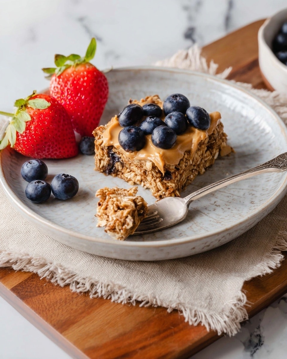 A white textured plate holds a square slice of oatmeal bar with a rough, nutty brown surface, topped with smooth beige peanut butter and scattered fresh dark blue blueberries. On the left side of the plate are two fresh red strawberries, one whole and one cut in half with the green leafy tops still attached. Next to the oatmeal bar is a small piece on a silver fork resting on the plate, along with a few more blueberries spread around. The plate sits on a beige cloth with frayed edges, all placed on a wooden board with a white marbled surface background. Photo taken with an iphone --ar 4:5 --v 7
