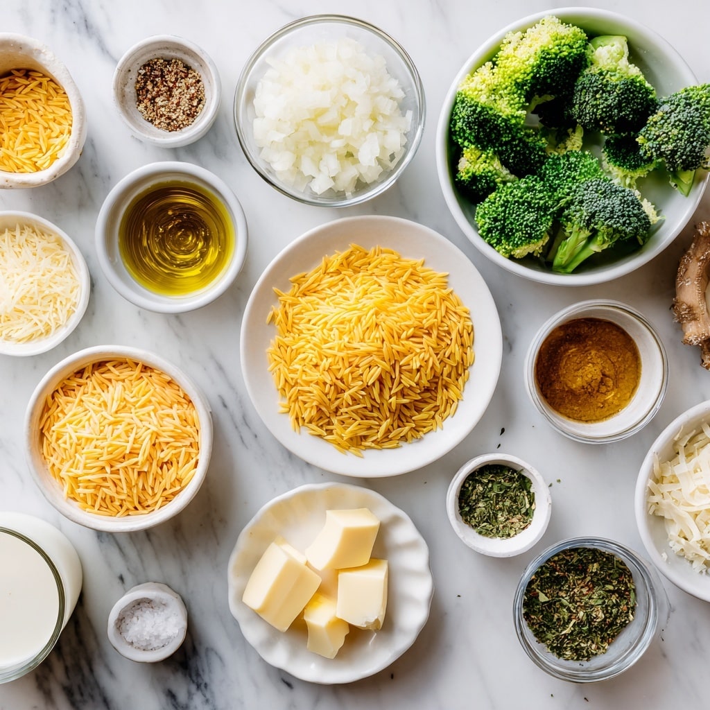 The image shows a top view of various white bowls on a white marbled surface, each holding different cooking ingredients. There is a bowl with yellow orzo pasta in the center, a white plate with orange shredded cheddar cheese below it, and a white bowl with green broccoli florets nearby. Small white bowls hold mustard (yellow), bouillon (brownish), chopped white onion, and minced garlic. Another bowl has Italian seasoning with mixed green herbs, and a small plate with chunks of butter. There is also a bowl with grated Parmesan cheese, a small dish with salt and pepper, and a glass bowl with milk. A woman's hand is seen holding a white bowl with olive oil. The arrangement is neat and focused on cooking ingredients with clear labels. Photo taken with an iphone --ar 4:5 --v 7