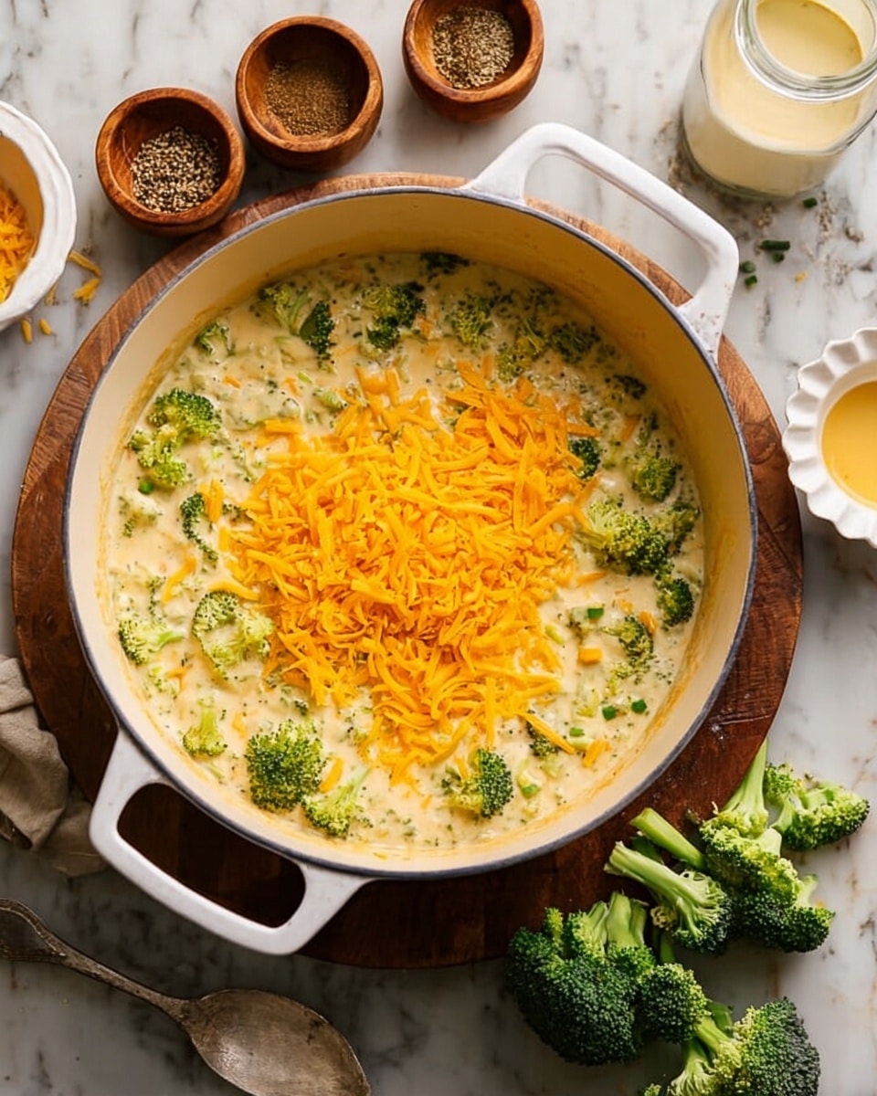 A large white pot with two handles is filled with a creamy mixture of green broccoli pieces and light creamy sauce, topped with a mound of bright orange shredded cheese in the middle. Around the pot, there are small wooden bowls with spices, a small white scalloped dish holding some yellow sauce, and a white jar with a metal spoon. Fresh green broccoli florets rest near the bottom right corner, all placed on a white marbled textured surface with a wooden board underneath the pot. Photo taken with an iphone --ar 4:5 --v 7