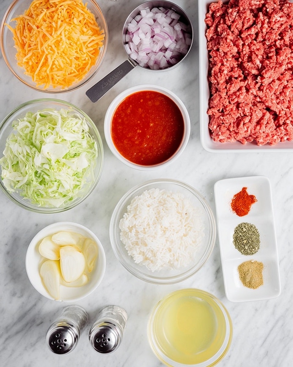 The image shows different ingredients laid out on a white marbled background in small white bowls and a clear glass bowl. Starting from the top right, there is a tray of raw ground beef with a pinkish-red color, below it is a metal measuring cup with chopped red onions, and a white bowl filled with cooked white rice. To the left, a small white bowl holds shredded orange cheddar cheese, and another clear bowl contains chopped pale green cabbage. Above the cabbage is a small white bowl of light yellow cooked garlic, and nearby is a white bowl with red tomato sauce that has a smooth texture. Next to it is a small white bowl with a yellowish liquid, likely broth or oil, and a white plate with two piles of spices – green herbs and red paprika powder. Salt and pepper shakers sit in the middle. The arrangement highlights the variety of colors and textures, with a focus on freshness and preparation. Photo taken with an iphone --ar 4:5 --v 7