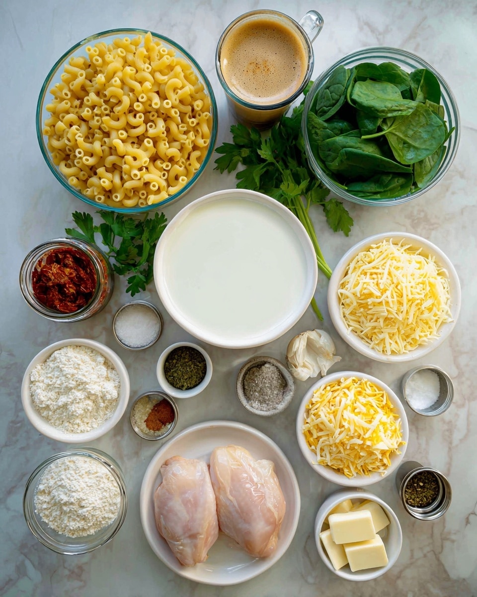 The image shows many ingredients laid out neatly on a white marbled surface. There are two layers of food items: the top layer has a clear glass bowl filled with yellow elbow macaroni at the top left, a glass cup with light brown coffee and white foam near the top center, and a clear bowl filled with fresh green spinach leaves at the top right. The bottom layer has a white bowl filled with white milk just below the macaroni, a small jar of sun-dried tomatoes to the left of the milk, and two chicken pieces with a light pink color on a white plate to the right of the milk. Around these are several small white bowls with shredded yellow cheese, shredded white cheese, white diced onions, and white flour. There are also small metal containers holding minced garlic, a dark green spice, and a light brown oil. A white bowl with sticks of butter and a white bowl with mixed powdered spices in four different colors are also placed in the arrangement. Some green parsley leaves with stems are near the macaroni on the left. The overall scene is bright and clean, focused on the fresh ingredients. photo taken with an iphone --ar 4:5 --v 7