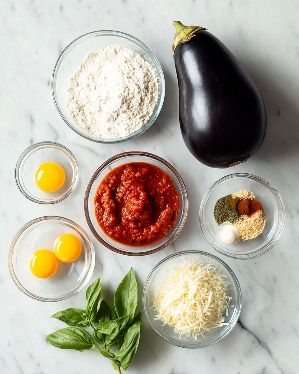 A shiny dark purple eggplant is placed in the center on a white marbled surface, surrounded by six clear glass bowls. One bowl holds two bright yellow eggs, another contains white flour with a soft texture, and a third bowl has red tomato sauce with a thick consistency. Another bowl shows a mixture of light beige and brown spices arranged in sections, including paprika and herbs. There is also a small bowl with white shredded cheese, and fresh green basil leaves rest near the bottom. The setup is clean, bright, and organized, with natural lighting highlighting the colors and textures. Photo taken with an iphone --ar 4:5 --v 7