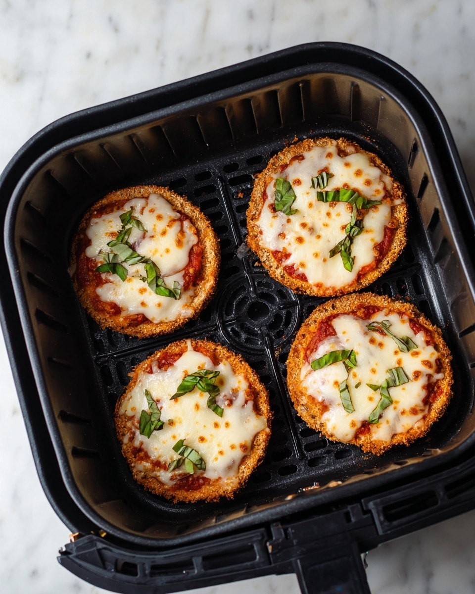 Four small round mini pizzas are placed inside a black air fryer basket, each with a golden-brown crispy crust made from breadcrumbs. The first layer is a reddish tomato sauce spread evenly over the crust, topped with melted white cheese that is soft and slightly browned. Small green fresh basil pieces are scattered on top of the cheese. The air fryer basket rests on a white marbled surface. photo taken with an iphone --ar 4:5 --v 7