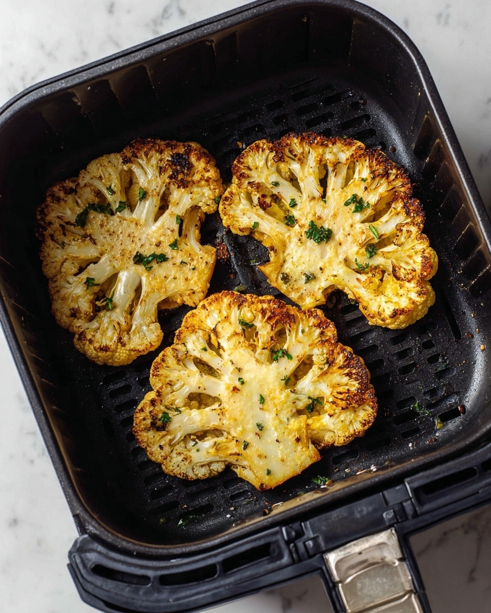 The image shows three large cauliflower steaks inside a black air fryer basket. Each cauliflower steak is golden brown with slight charring around the edges, showing a crispy texture. The cauliflower pieces are seasoned with small green herb bits scattered on top. The air fryer basket has a black, perforated surface and a metallic frame. The scene has a clean and simple look with a white marbled background. photo taken with an iphone --ar 4:5 --v 7