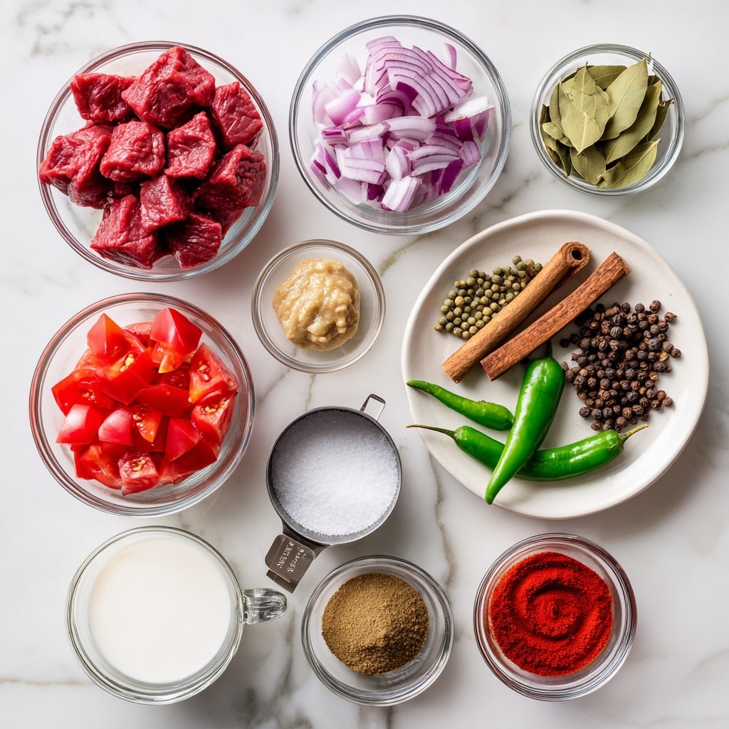 The image shows multiple small bowls and a plate arranged on a white marbled surface, each containing different cooking ingredients. In the top left is a clear bowl filled with red beef chunks. Below it, a clear bowl holds chopped red tomatoes, and next to that is another clear bowl with chopped purple onions. In the center, a small clear bowl contains a light beige ginger garlic paste. To the right, a white plate holds whole spices including two light brown cinnamon sticks, three green cardamoms, three dark brown cloves, a few fresh dark green curry leaves, and three fresh green chilies. Below the spices, a metal measuring cup contains white salt. To the right of the salt is a small clear bowl of clear vinegar. Below the ginger garlic is a clear bowl of white coconut milk. Next to that is a clear bowl with brown curry powder, and below it a clear bowl with bright red chili powder. At the bottom right is a clear bowl with a red tomato paste swirl, marked optional. The layout is neat and clear for viewing each ingredient. Photo taken with an iphone --ar 4:5 --v 7