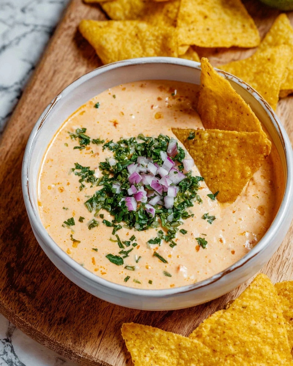 The image shows a white bowl filled with creamy, light orange dip with a smooth texture. On top of the dip, there is a sprinkle of finely chopped green herbs and small diced purple onion pieces in the center, adding color contrast. A few triangular yellow tortilla chips are partially dipped on the right side of the bowl. The bowl is placed on a wooden board with more triangular yellow tortilla chips nearby, and the surface underneath has a white marbled texture. photo taken with an iphone --ar 4:5 --v 7