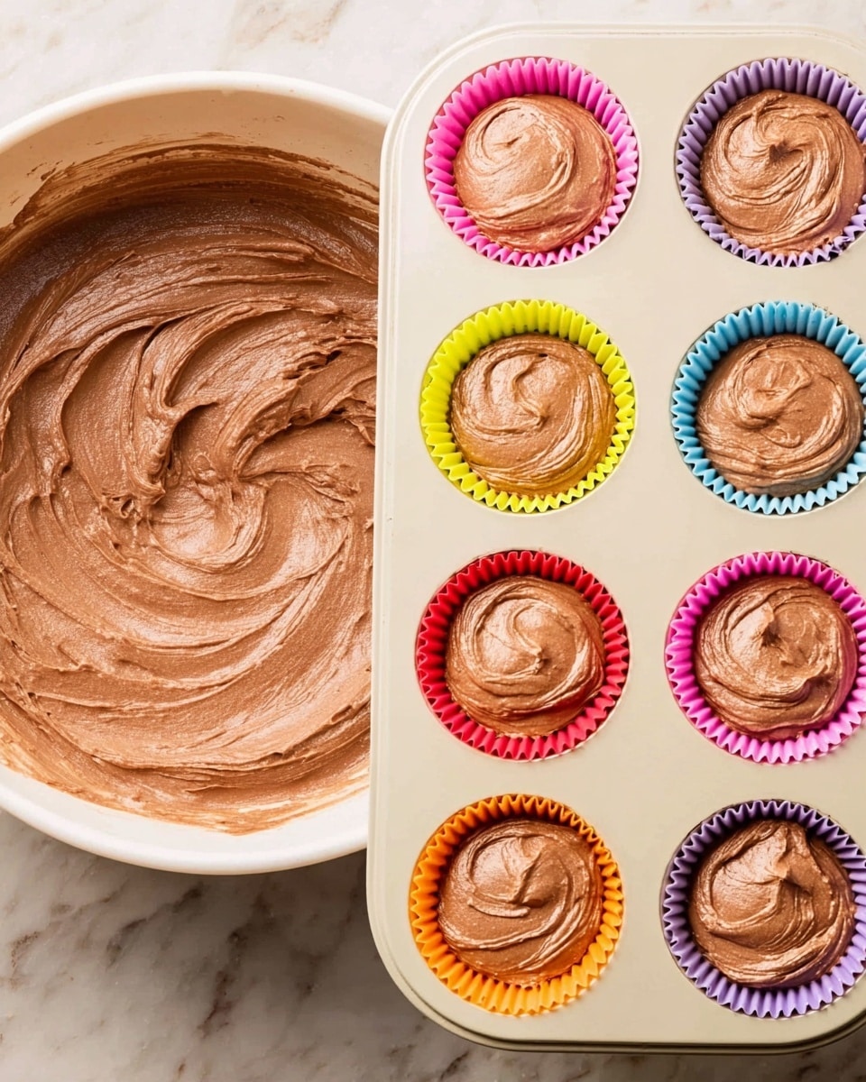 The image shows two parts: on the left, a close-up of thick, smooth, light brown chocolate batter spread evenly with soft swirls in a white bowl; on the right, six cupcake liners in a white muffin tray, each filled nearly halfway with the same creamy chocolate batter, with gentle swirled peaks on top. The cupcake liners are colorful with shades of yellow, pink, orange, purple, and red. The background is a white marbled surface. photo taken with an iphone --ar 4:5 --v 7