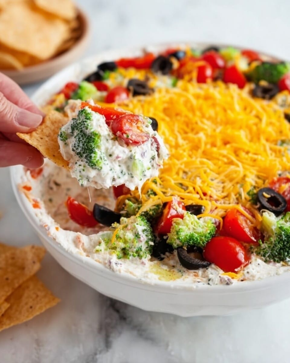 The image shows a white bowl with a layered dip inside. The bottom layer looks creamy and white, topped with a layer of finely chopped green broccoli, black olives, and red cherry tomatoes. Over that, there is a layer of shredded yellow cheddar cheese sprinkled evenly on top. A woman's hand is holding a scoop of the dip filled with creamy, chunky pieces of broccoli, olives, and tomatoes. The bowl sits on a white marbled surface with some tortilla chips on the side. Photo taken with an iphone --ar 4:5 --v 7
