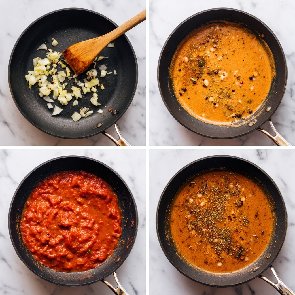 The image is divided into four square parts showing cooking stages in black pans on a white marbled background. In the first part, small pieces of light yellow onion are being stirred with a long wooden spatula. The second part shows a light orange creamy mixture with specks of black pepper and herbs, with a few small red bits on the surface. The third part has a thick, rich red tomato sauce that looks chunky with visible pieces and bubbles. The last part shows a lighter orange sauce with small herbs and spices sprinkled on top, slightly more watery than the tomato sauce. Each section has a white circular label with black numbers from 1 to 4 at the upper right corner. Photo taken with an iphone --ar 4:5 --v 7