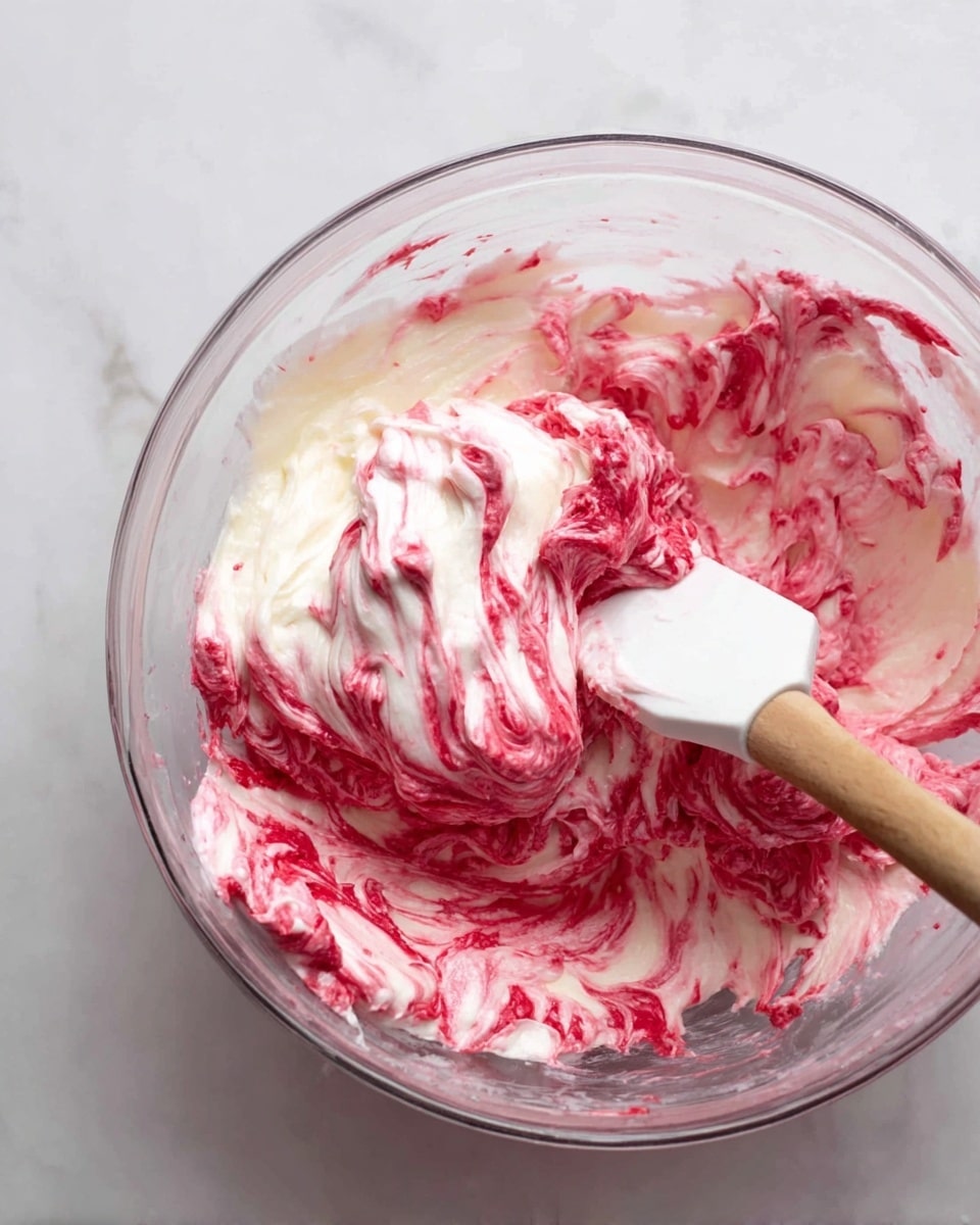 The image shows a clear glass bowl filled with a thick, creamy mixture that has two main colors swirled together: white and bright pinkish-red, creating a marbled effect. The white part looks smooth and soft, while the pinkish-red parts appear slightly chunky and uneven, blending into the white in streaks and patches. A white spatula with a wooden handle is partially dipped into the mixture on the right side, with traces of the pink and white mixture clinging to its surface. The bowl sits on a white marbled surface, giving a clean and simple background. photo taken with an iphone --ar 4:5 --v 7