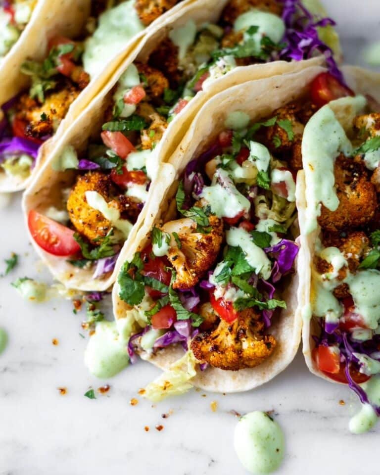 Vegan Roasted Cauliflower Tacos with Cilantro Lime Crema and Slaw Recipe
