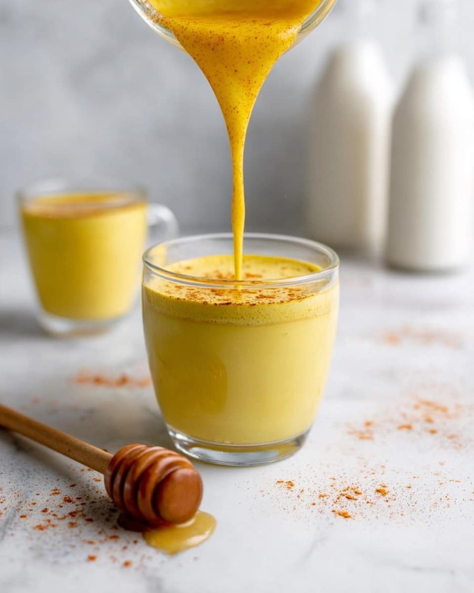 A clear glass cup is shown in the middle of the image with a thick yellow liquid being poured into it, creating a smooth, golden layer inside. To the left, there is a smaller clear glass cup filled with the same yellow liquid and topped with a light sprinkle of spice. In the foreground at the bottom left corner, there is a wooden honey dipper resting on the white marbled surface with honey dripping from it. In the background, two white bottles are softly blurred, adding depth to the scene. The whole setup is on a white marbled surface with some scattered spices around, and the lighting is bright and natural. photo taken with an iphone --ar 4:5 --v 7