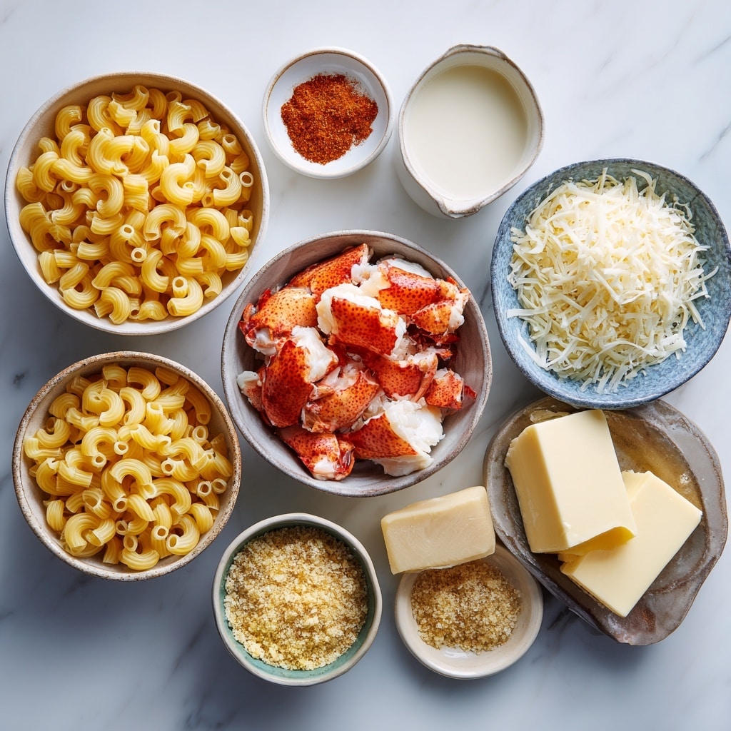 A close-up view of a creamy macaroni dish served in a white bowl on a white marbled surface, showing three layers: the first layer is soft, light-yellow macaroni pasta mixed with melted cheese; the second layer includes rich, reddish lobster pieces placed evenly over the pasta; the third layer is a golden-brown crust of toasted breadcrumbs and finely chopped green herbs sprinkled on top. A woman's hand holding a fork lifts a portion of the macaroni with lobster from the bowl. Photo taken with an iphone --ar 4:5 --v 7
