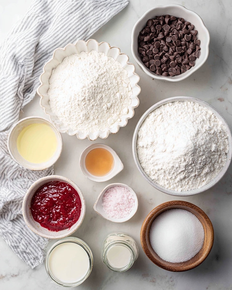 The image shows a white marbled surface with various small bowls and cups holding different baking ingredients. In the center, there is a white scalloped bowl filled with white flour. Above it, a small white bowl contains dark brown chocolate chips. To the right, a large white bowl holds granulated white sugar. At the bottom right, a wooden bowl is full of white sugar. On the right side, there is a white cup with milk. Near the bottom center, a small glass jar contains a white powder, likely baking soda or baking powder. Two small white bowls on the left have a light yellow liquid and a pale amber liquid. There is also a small white bowl with white powder, possibly salt, and a white bowl with a bright red thick mixture, possibly a berry sauce or puree. A white cloth with gray stripes is placed on the left side of the scene. photo taken with an iphone --ar 4:5 --v 7