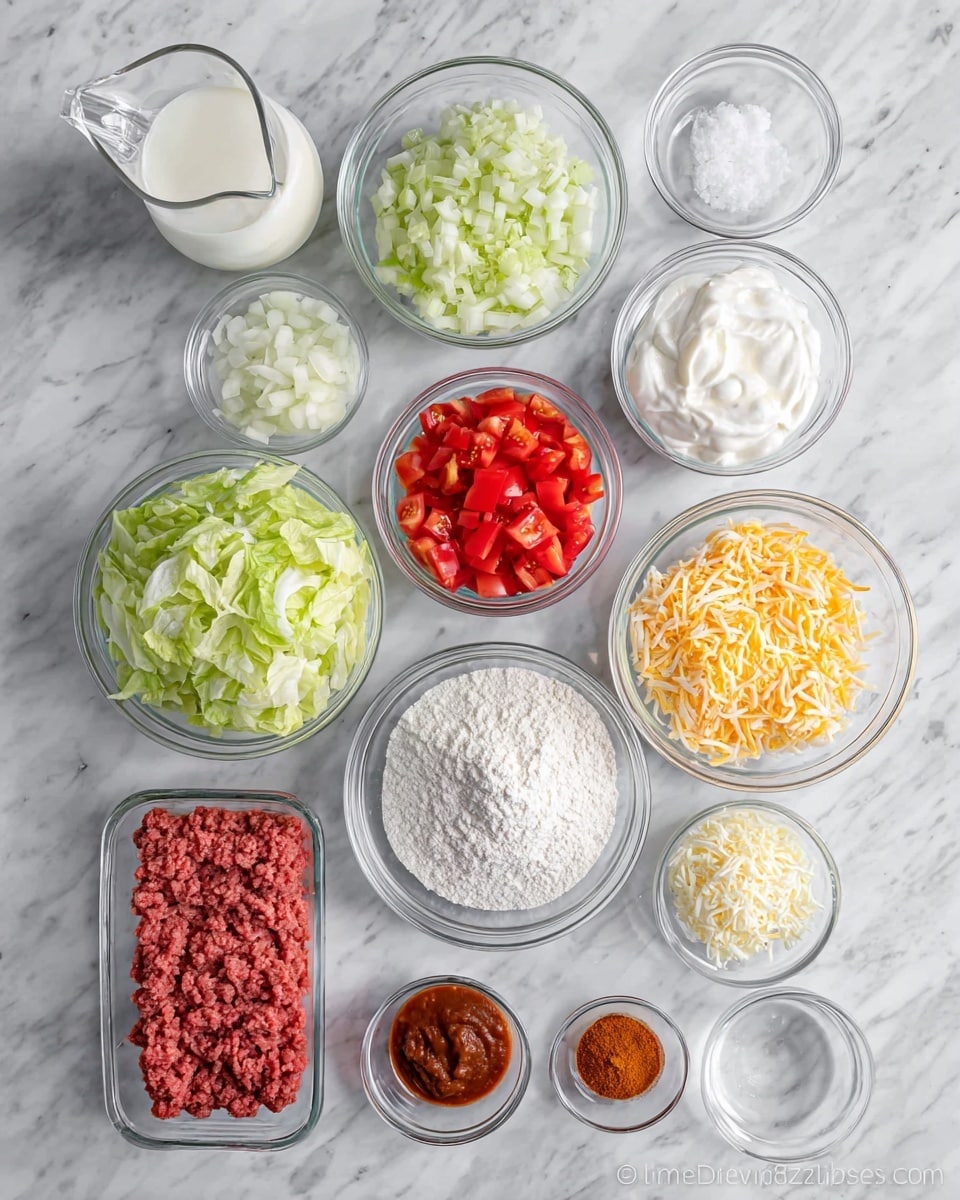 The image shows 12 clear glass bowls and containers arranged on a white marbled surface, each holding a different ingredient. Starting from the top left, there is a small glass pitcher of milk with a smooth white color, a bowl of finely chopped white onions, a bowl of thick and creamy white sour cream, and a bowl filled with small, bright red diced tomatoes with a slightly shiny texture. Below these, a large bowl holds chopped light green lettuce leaves with a fresh and crisp texture, and next to it on the right is a bowl filled with a mix of shredded yellow and white cheese, fluffy and fine in texture. Further down, a large bowl contains white flour with a powdery texture, and next to it is a rectangular glass container packed with raw ground meat, red with streaks of white fat, arranged tightly in rows. Below these containers, there is a small bowl of chunky dark red salsa, a small bowl with orange-brown powdered seasoning, a small bowl filled with clear water, and a tiny bowl containing white salt. The whole scene is brightly lit and clean, with all containers transparent to show their contents clearly. Photo taken with an iphone --ar 4:5 --v 7