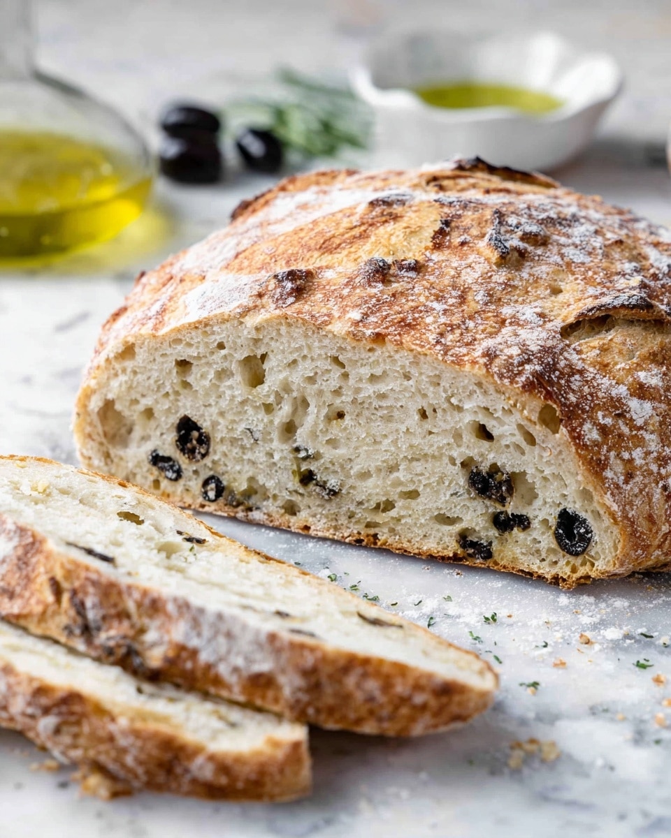 A round loaf of bread with a golden brown crust dusted lightly with white flour takes up most of the frame, with a thick slice cut from it showing a soft, airy inside filled with black olive pieces scattered evenly throughout. The crust looks crispy and slightly cracked on top, while the inside is pale with a porous texture. There are a few more slices laid out in front, some in partial focus, and a small white bowl with green olive oil sits off to the side. The bread rests on a white marbled surface with some blurred green herbs in the background. photo taken with an iphone --ar 4:5 --v 7