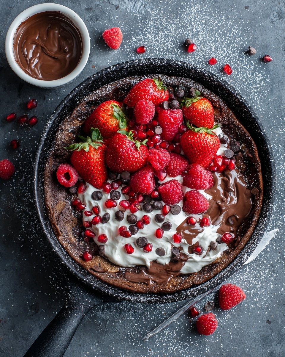A dark brown chocolate pancake in a black skillet, topped with a layer of creamy melted chocolate spread unevenly on the surface, followed by dollops of white cream. On top of the cream, there is a pile of fresh bright red strawberries cut in halves, whole raspberries, and scattered dark chocolate chips and pomegranate seeds. The skillet is placed on a dark textured surface with light dusting of powdered sugar around it. A small white bowl filled with more melted chocolate and a spoon is placed near the skillet. Photo taken with an iphone --ar 4:5 --v 7
