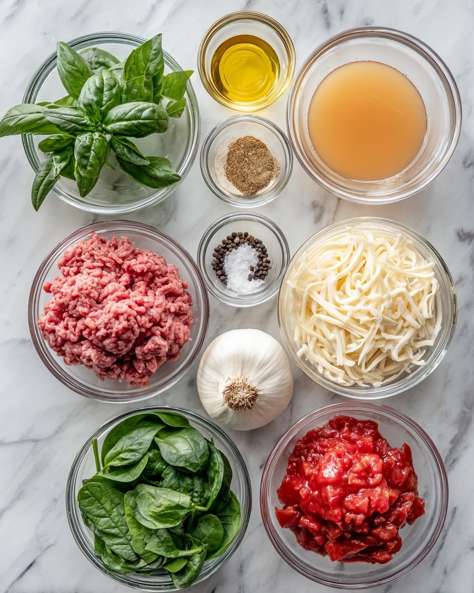 The image shows multiple clear glass bowls arranged on a white marbled surface, each containing different ingredients. Starting from the top left, there is a bowl with fresh green basil leaves, next to it a bowl with pale yellow olive oil, and beside that a small bowl with Italian seasoning spices in light brown. On the right side, there is a transparent bowl with light orange chicken stock. Below the basil is a small bowl filled with black pepper, and next to it a small bowl of white salt beside a peeled white garlic bulb set just above a whole red onion. Below the garlic and onion is a clear bowl with raw pink ground beef. On the left middle, there's a bowl with beige grated parmesan cheese, beside it a bowl with shredded white mozzarella, and below that another bowl filled with pale cheese ravioli. Finally, on the bottom right, there is a clear bowl filled with fresh deep green baby spinach leaves, and next to it a bowl containing bright red crushed tomatoes. Photo taken with an iphone --ar 4:5 --v 7