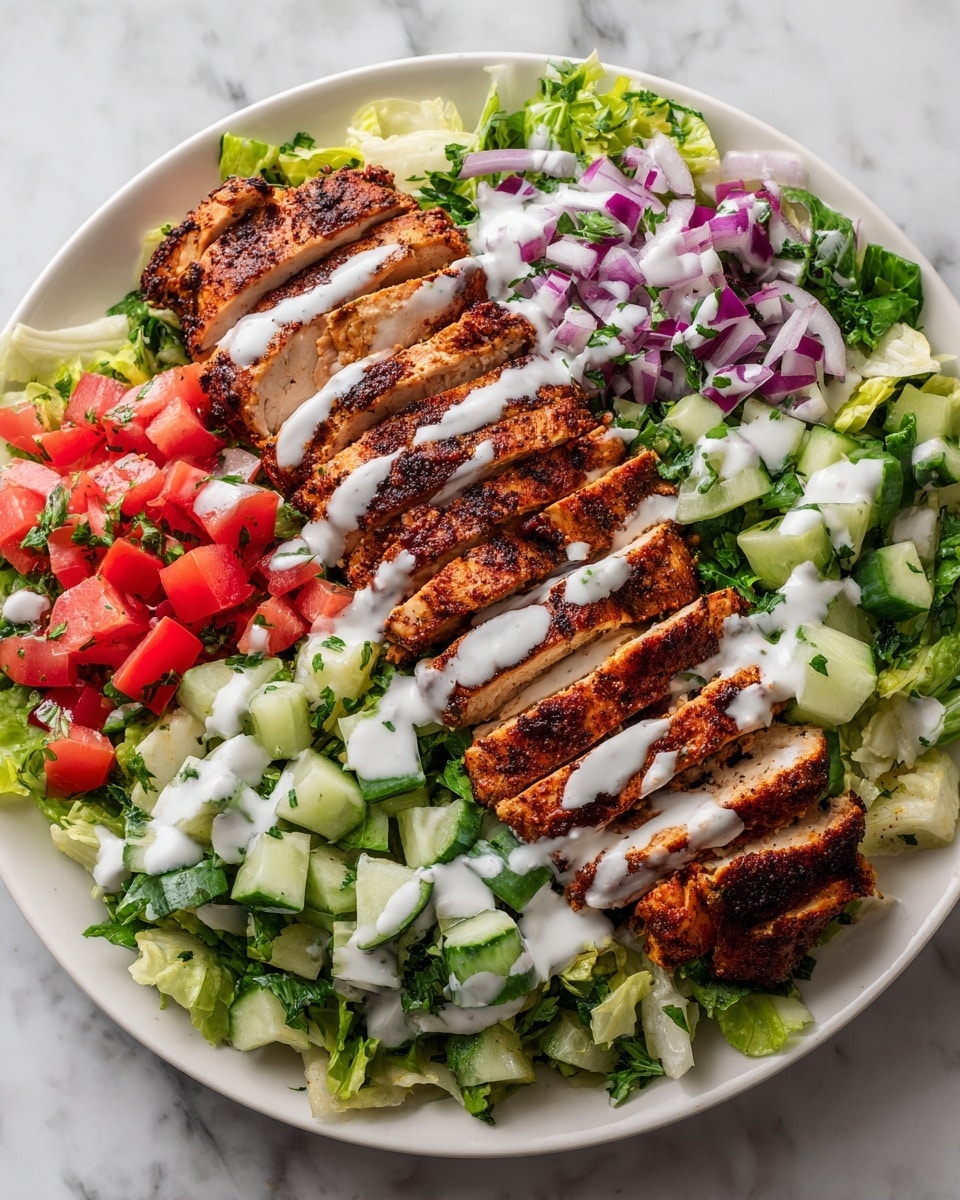 A white plate holds a colorful salad layered with chopped green lettuce as the base, topped with diced red tomatoes, green cucumber slices, and thin pieces of purple onion mixed with fresh green parsley leaves. On top, neatly sliced grilled chicken with a dark, spiced crust is arranged in the center of the salad. White creamy dressing is drizzled over the chicken and some parts of the vegetables, adding a light contrast to the rich brown of the chicken. The whole dish sits on a white marbled surface. photo taken with an iphone --ar 4:5 --v 7