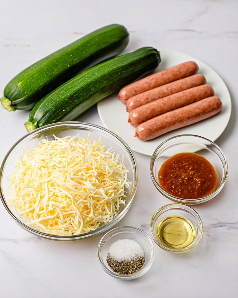 The image shows several ingredients arranged on a white marbled surface. At the back, there are two whole green zucchinis placed side by side. To the right of the zucchinis, four raw sausage links are lined up on a white plate. In front of the zucchinis, there is a clear glass bowl filled with shredded cheese that is a light yellow color. Next to it, on the right side, there is a smaller clear glass bowl containing a reddish-brown sauce with a slightly thick texture. Closer to the front, there is another clear glass bowl filled with a clear liquid, possibly oil. Lastly, to the right of this bowl, a small clear bowl holds white salt and black pepper. All items are neatly set on the white marbled surface, with soft lighting and no shadows. photo taken with an iphone --ar 4:5 --v 7