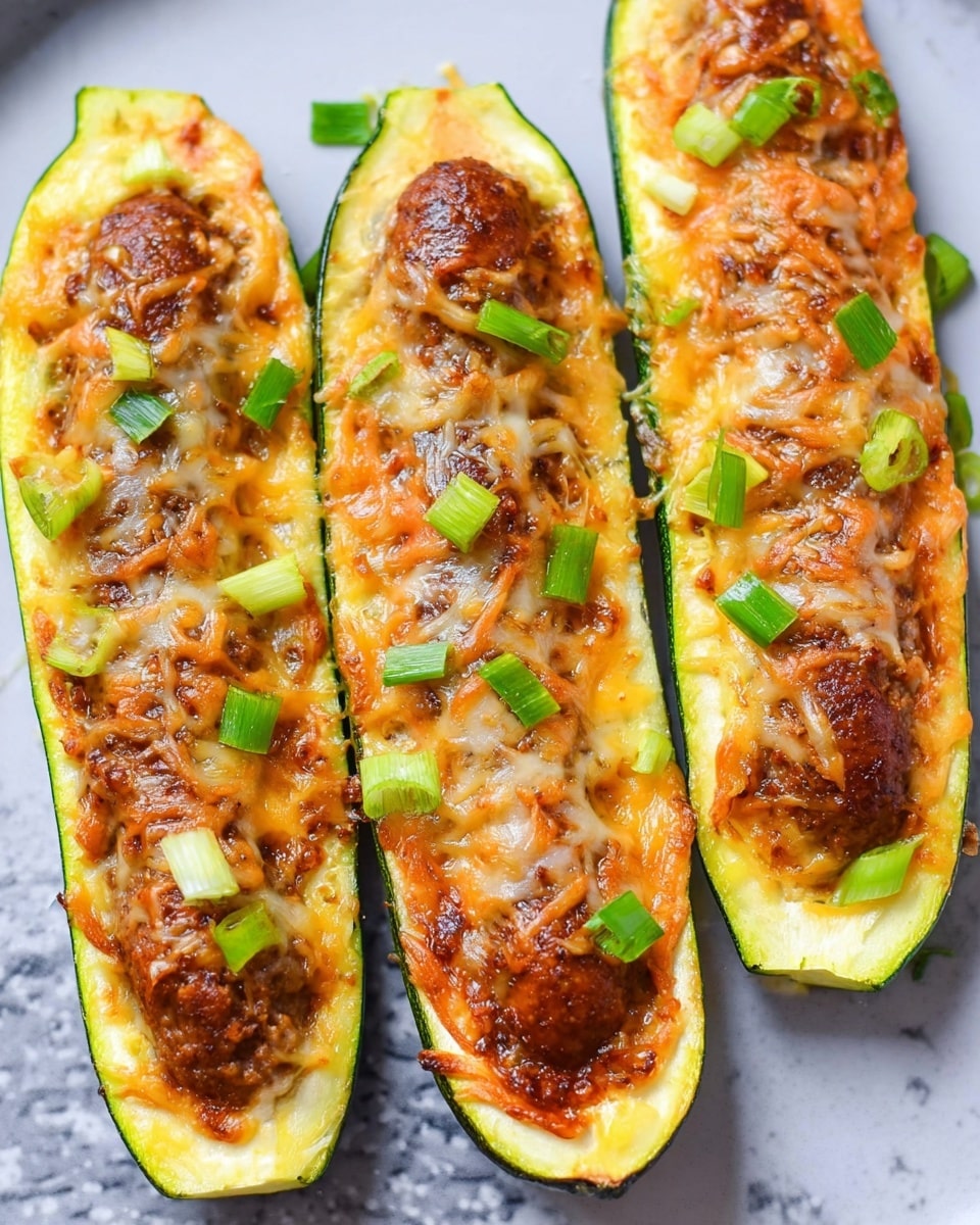 The image shows three zucchini halves placed on a white marbled surface. Each zucchini half is cut lengthwise and topped with a sausage in the center. The sausages are covered with melted golden brown cheese, which is slightly crispy on top. Small green onion pieces are scattered over the cheese, adding a fresh pop of color. The zucchini has a bright green edge with a soft, cooked yellow inside visible underneath the toppings. photo taken with an iphone --ar 4:5 --v 7