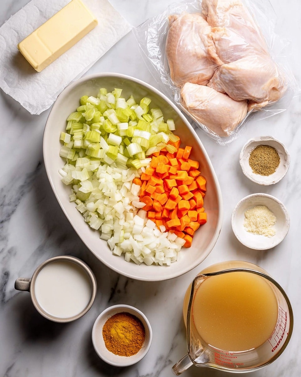 The image shows ingredients laid out on a white marbled surface, ready for cooking. In the center, there is a big white bowl divided into three sections with chopped celery in light green on the top left, chopped onions in white on the top right, and chopped carrots in bright orange at the bottom left. Above the bowl, there is a clear plastic package with two raw light pink chicken pieces. To the right of the chicken, there is a glass measuring cup filled with a light brown liquid broth. Below the bowl, there is an opened container with white cream, next to a small light gray bowl with minced garlic, and a small brown bowl with grated ginger. To the left of the bowl, a stick of butter is partially unwrapped on white paper. At the top left corner, a small white plate contains four piles of powdered spices in various shades of yellow, brown, and orange. Photo taken with an iphone --ar 4:5 --v 7
