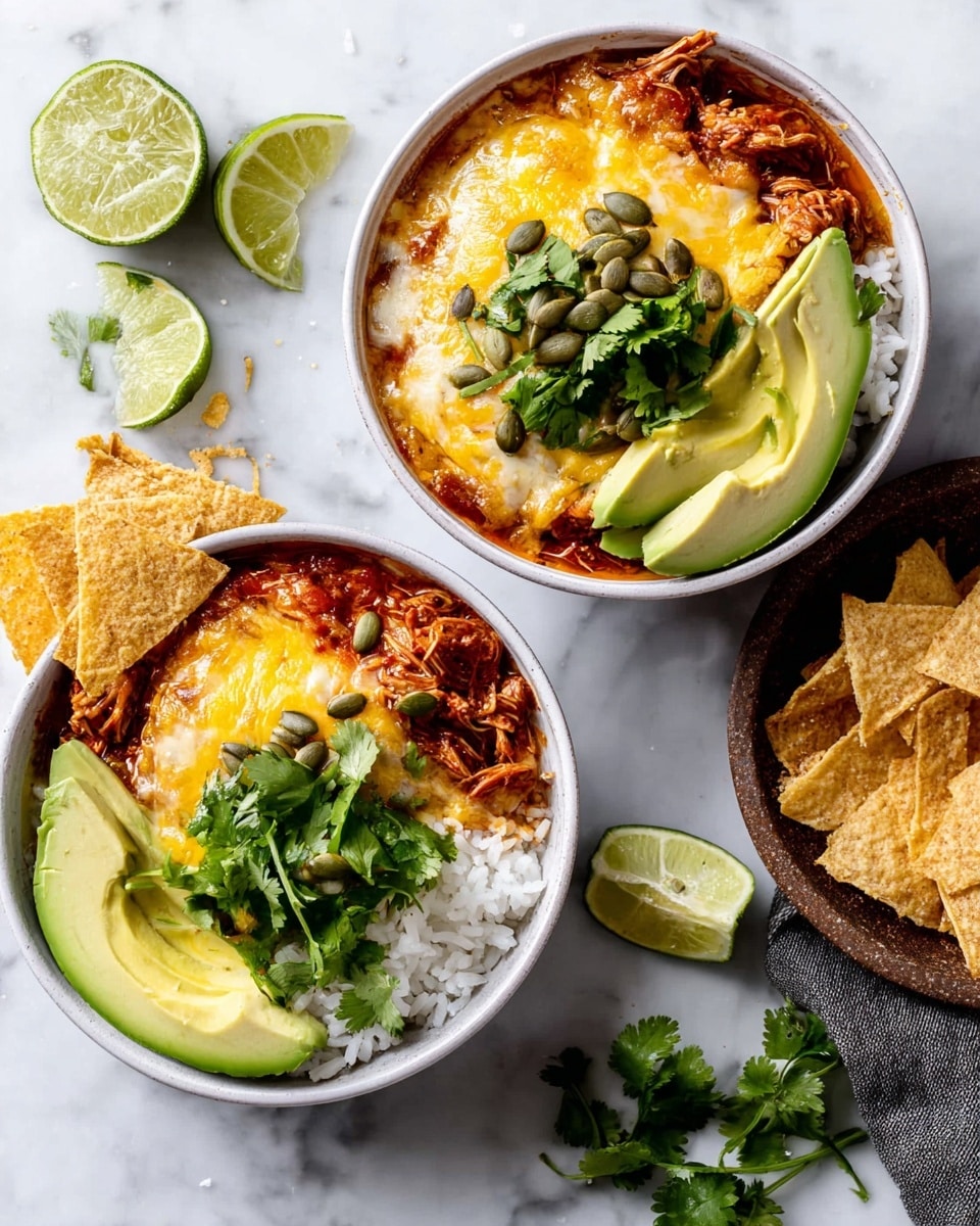 Two white bowls sit on a white marbled surface. Each bowl has a layer of cooked white rice on one side and melted golden cheese with a red sauce covering shredded meat in the center. On top of the cheese, there are green pumpkin seeds and fresh green cilantro leaves. One bowl also has slices of light green avocado and two lime wedges placed next to the rice, with crispy golden-brown triangular chips around the edges. The other bowl shows one lime wedge and some cilantro leaves on top. Extra lime wedges and some salt are scattered on the white marbled surface nearby. Photo taken with an iphone --ar 4:5 --v 7