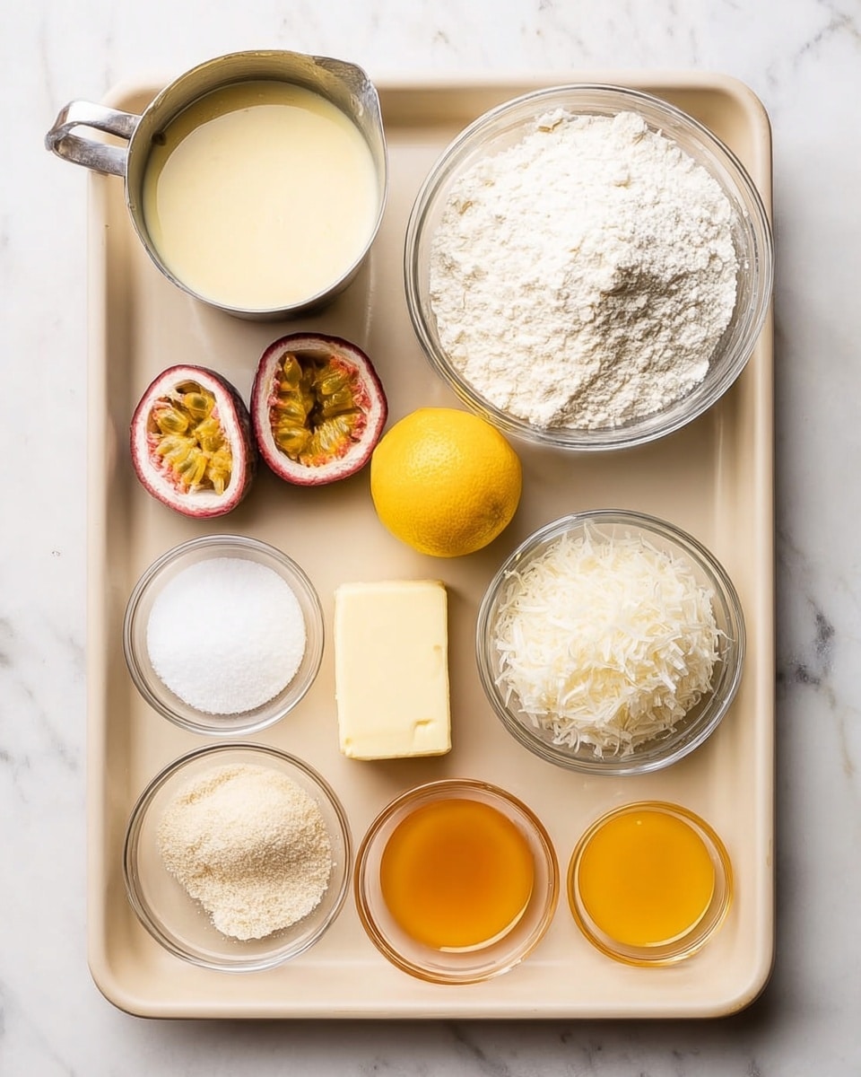 A beige baking tray holds several ingredients arranged neatly on a white marbled surface. In the top right corner, a clear glass bowl is full of white flour, its texture soft and powdery. Below it, a whole bright yellow lemon with a slightly bumpy surface rests beside a stick of pale yellow butter. Next to the butter is a small round glass bowl filled with fine white sugar, smooth on top. Above the sugar, another glass bowl holds shredded white coconut with a fluffy texture. Towards the top left, a metal cup filled with creamy pale yellow liquid sits near two halves of a passion fruit showing orange pulp and black seeds inside. Near these, two small glass containers hold golden honey and vibrant orange-colored liquid, each with a smooth, glossy surface. Finally, a very small glass bowl at the bottom contains a powdery light beige substance. photo taken with an iphone --ar 4:5 --v 7
