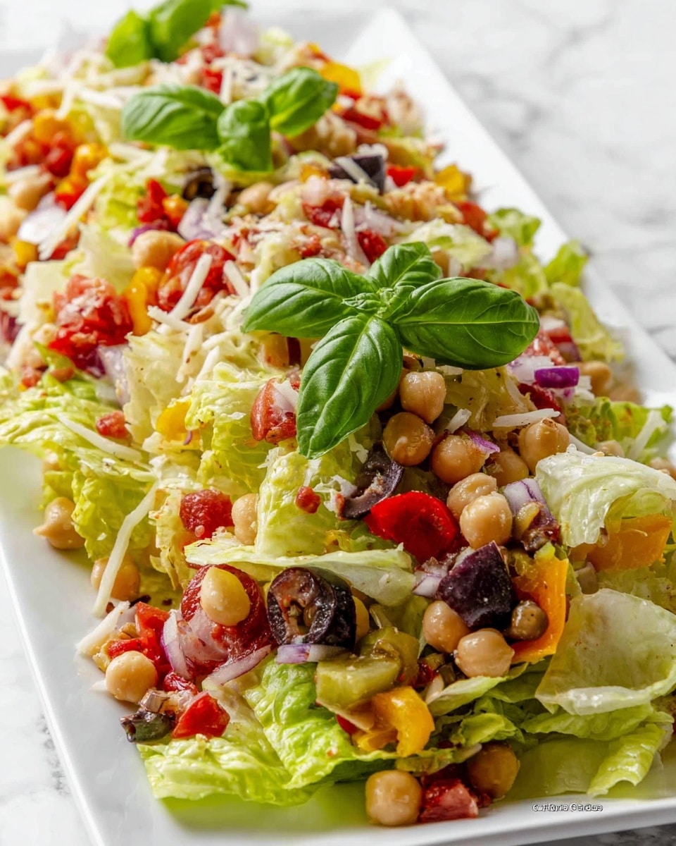 A white rectangular plate is filled with a colorful layered salad. The base layer is made up of light green lettuce pieces, topped with a mix of beige chickpeas, red thin pepper strips, black sliced olives, diced red onion, and small chunks of yellow and red vegetables. There are also some white shredded bits scattered throughout the salad. On top, three fresh green basil leaves add a touch of bright color. The plate sits on a white marbled textured surface. photo taken with an iphone --ar 4:5 --v 7
